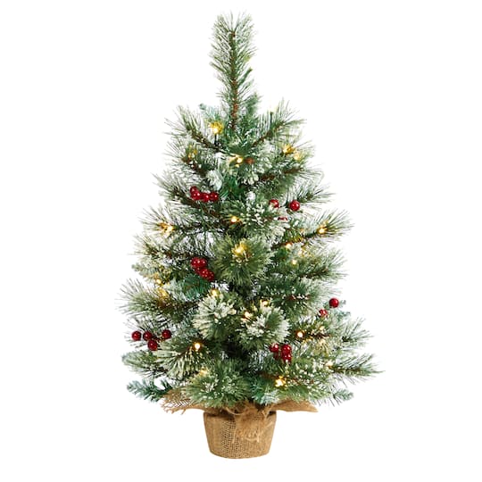 Nearly Natural; 2ft. Pre-Lit Flocked Pine & Berry Artificial Christmas Tree in Burlap Base, Warm White LED Lights; Category:Christmas Tabletop & Accent Trees; Image:1
